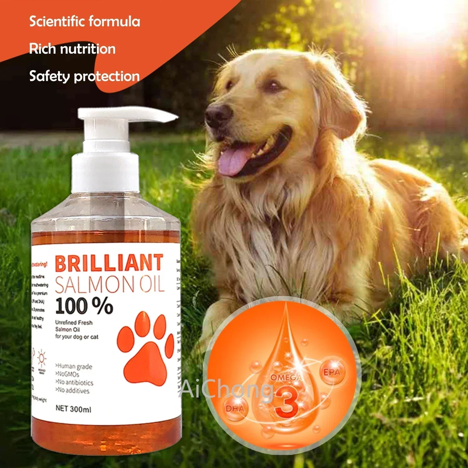 Huile de saumon de qualité humaine (500 ml, 300 ml, 200 ml 100 ml) pour chiens et chats
