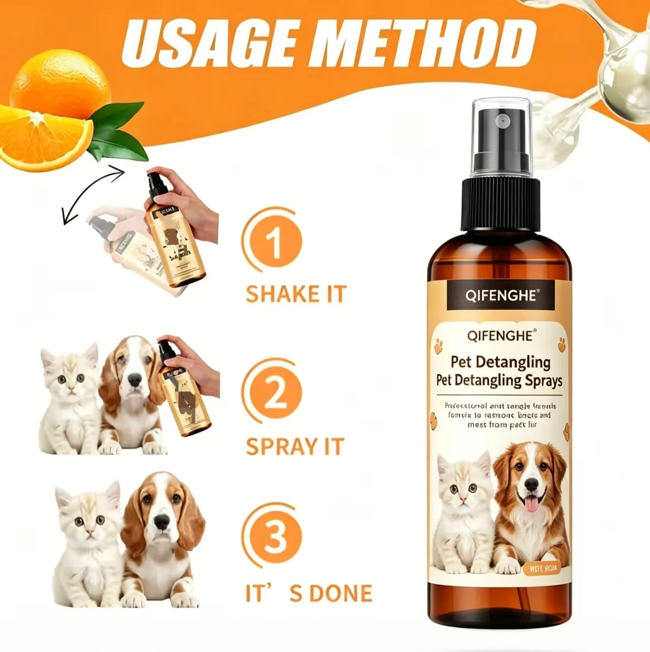 Spray shampoing professionnel démêlant sans rinçage pour animaux de compagnie