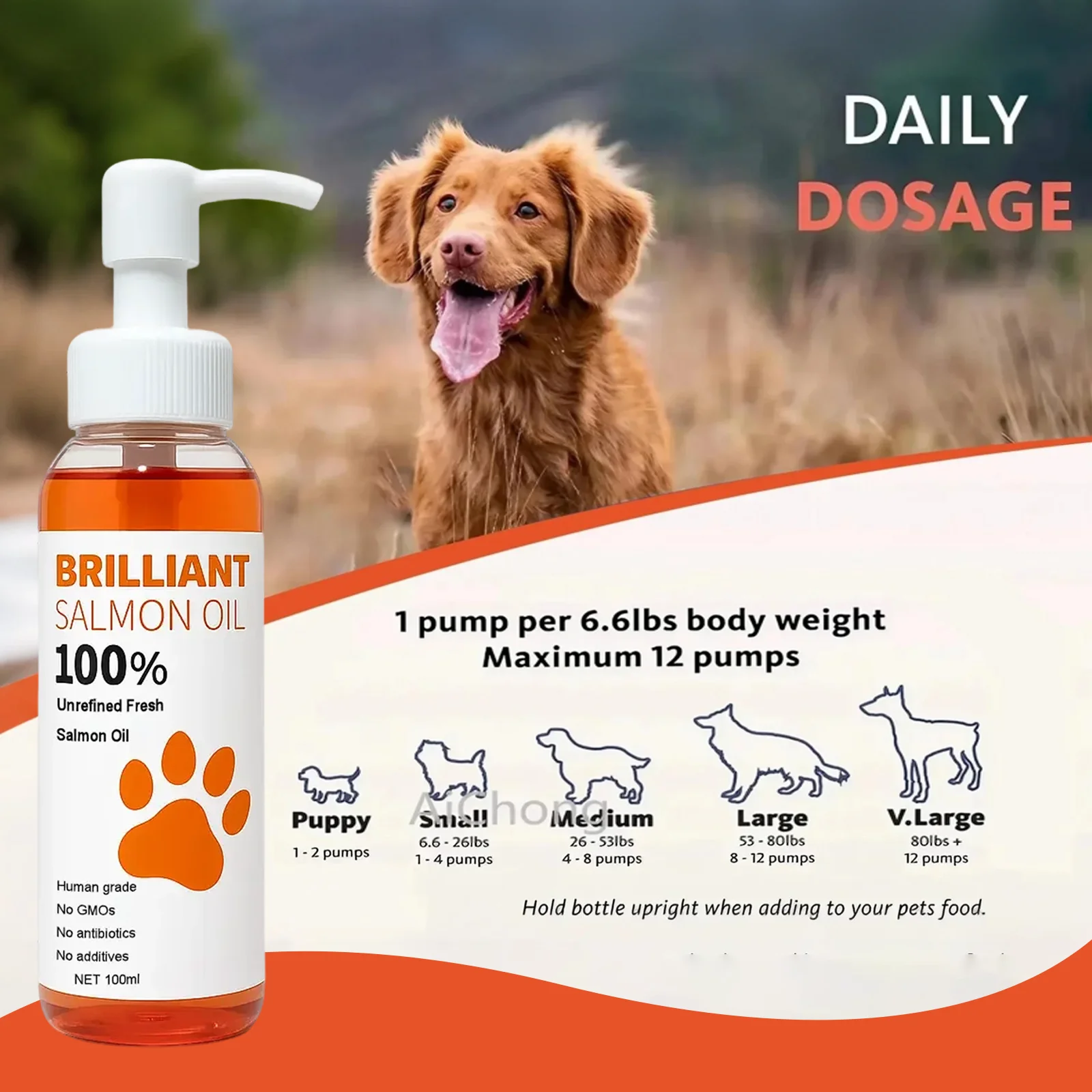 Huile de saumon de qualité humaine (500 ml, 300 ml, 200 ml 100 ml) pour chiens et chats