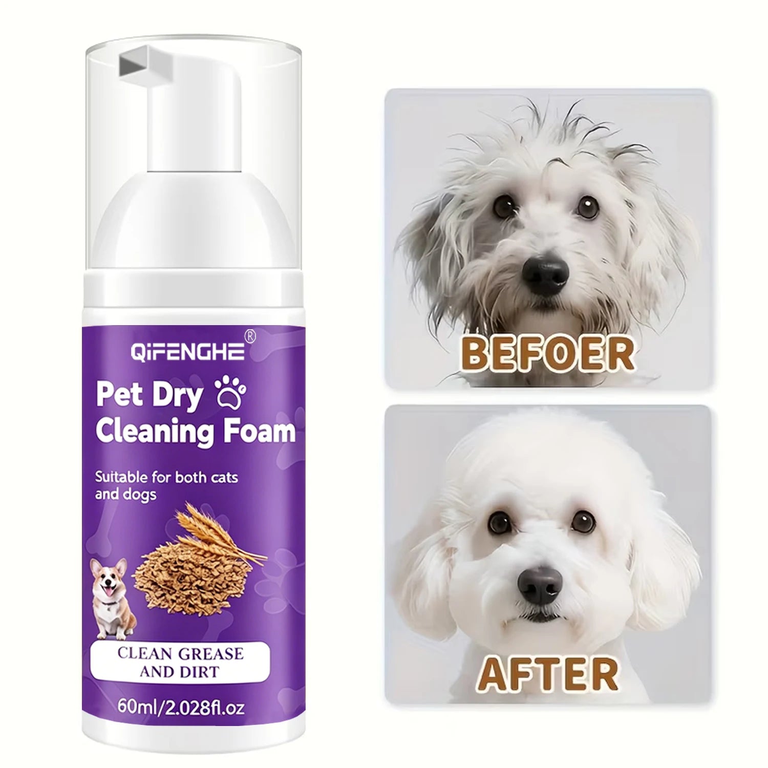 Shampooing à sec pour chiens et chats - Mousse sans eau, sans rinçage, désodorisant